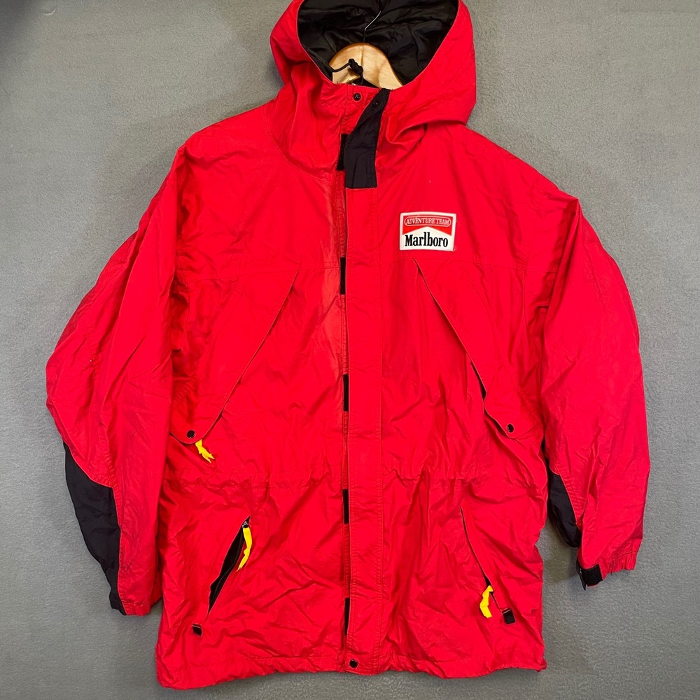 Marlboro Adventure Team Hooded Rain Jacket Mens L Red Vintage 90s Gorpcore